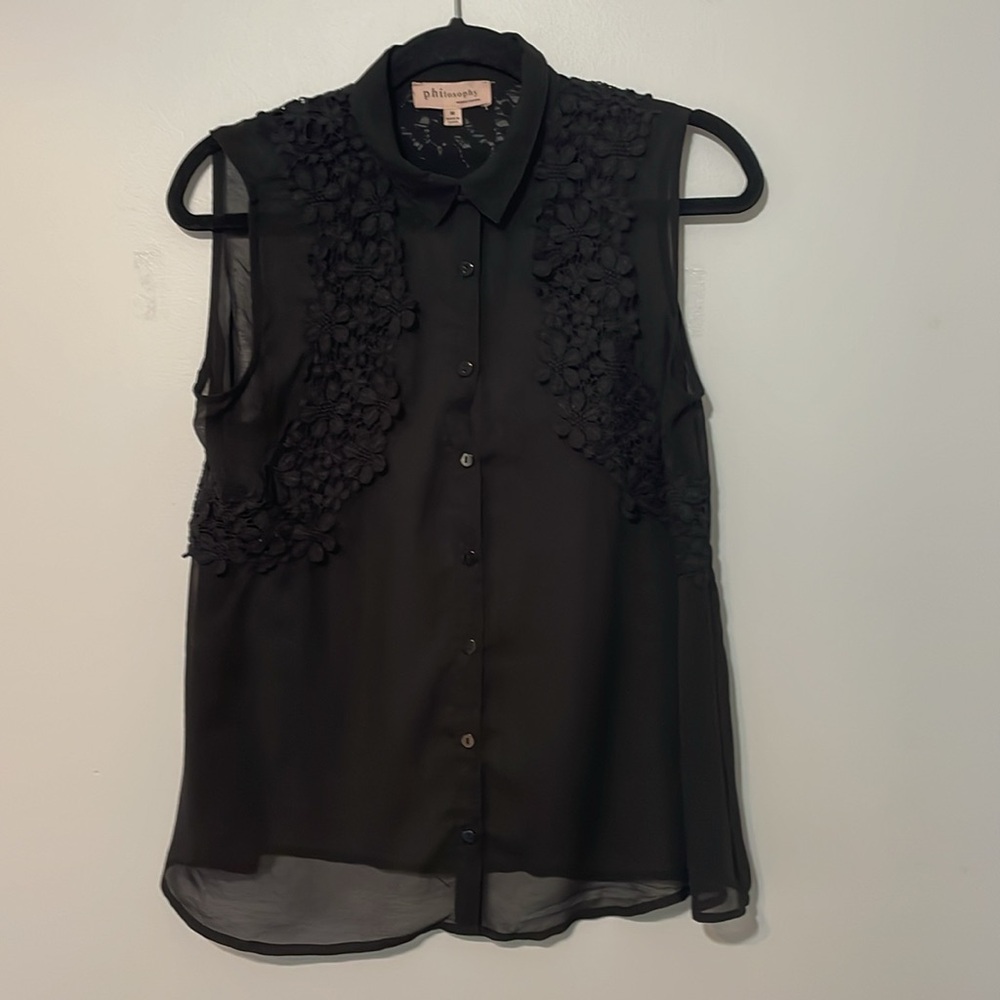 PHILOSOPHY Sheer Embroidered Detail Black Sleeveless button‎ downSize Medium - Picture 2 of 7